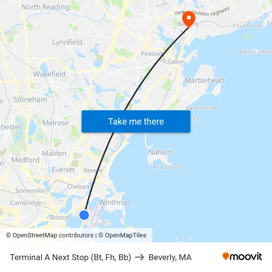Terminal A Next Stop (Bt, Fh, Bb) to Beverly, MA map