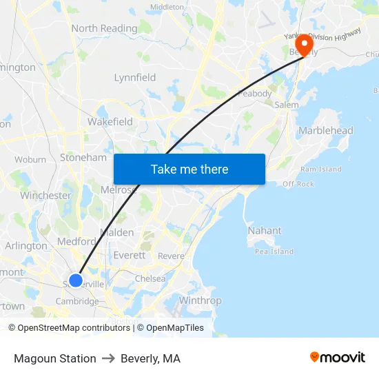 Magoun Station to Beverly, MA map