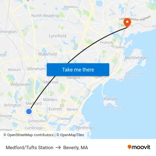 Medford/Tufts Station to Beverly, MA map