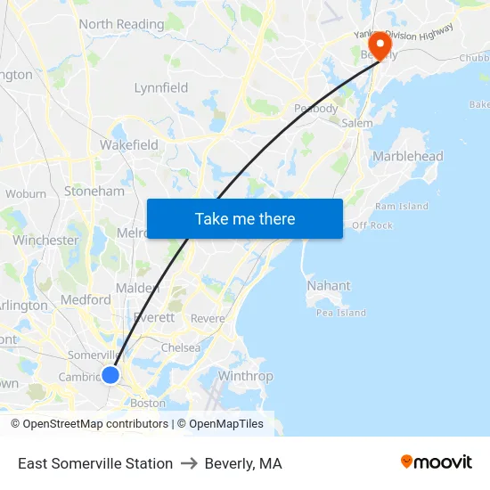 East Somerville Station to Beverly, MA map