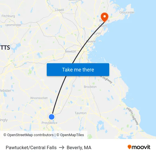 Pawtucket/Central Falls to Beverly, MA map