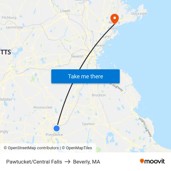 Pawtucket/Central Falls to Beverly, MA map