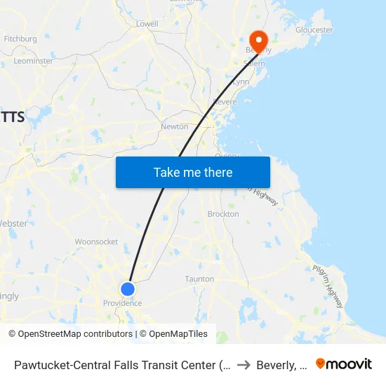 Pawtucket-Central Falls Transit Center (Stop B) to Beverly, MA map