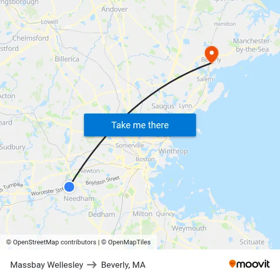 Massbay Wellesley to Beverly, MA map