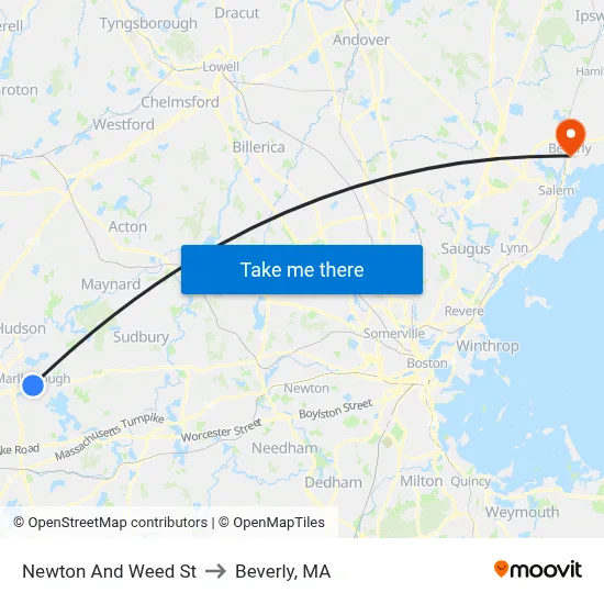 Newton And Weed St to Beverly, MA map