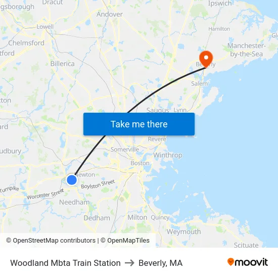 Woodland Mbta Train Station to Beverly, MA map