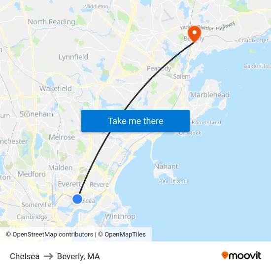 Chelsea to Beverly, MA map
