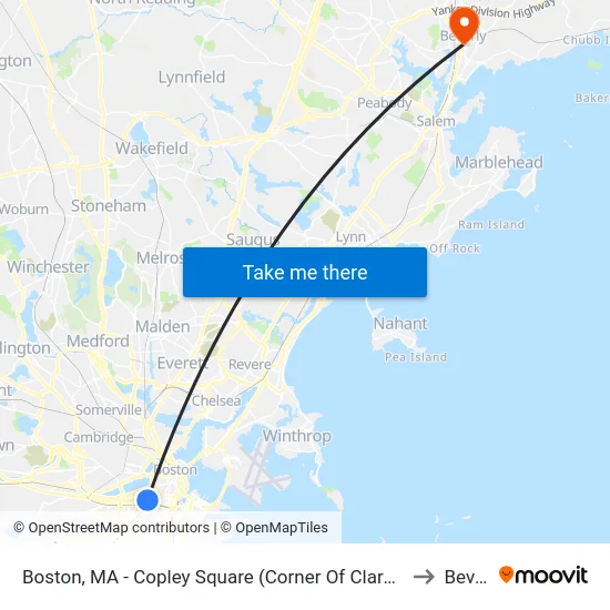 Boston, MA - Copley Square (Corner Of Clarendon St. & St. James Ave. In Front Of Trinity Church) to Beverly, MA map