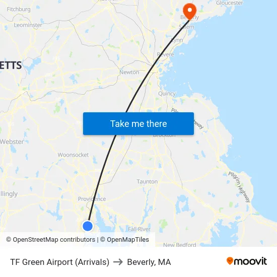 TF Green Airport (Arrivals) to Beverly, MA map