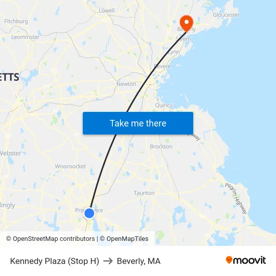 Kennedy Plaza (Stop H) to Beverly, MA map
