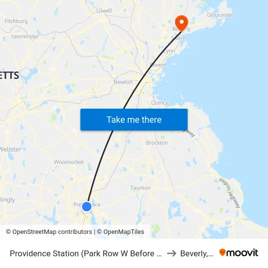Providence Station (Park Row W Before Exchange) to Beverly, MA map