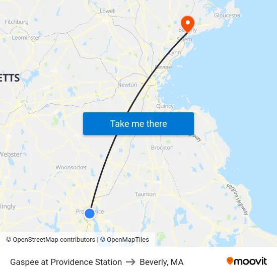 Gaspee at Providence Station to Beverly, MA map