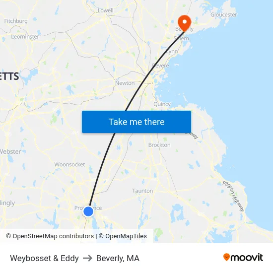 Weybosset & Eddy to Beverly, MA map