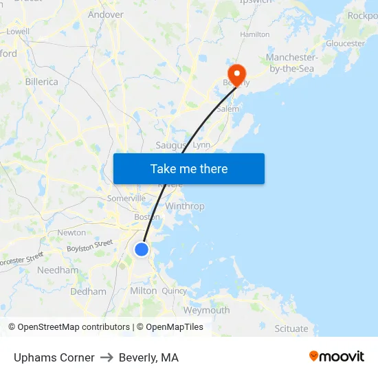Uphams Corner to Beverly, MA map