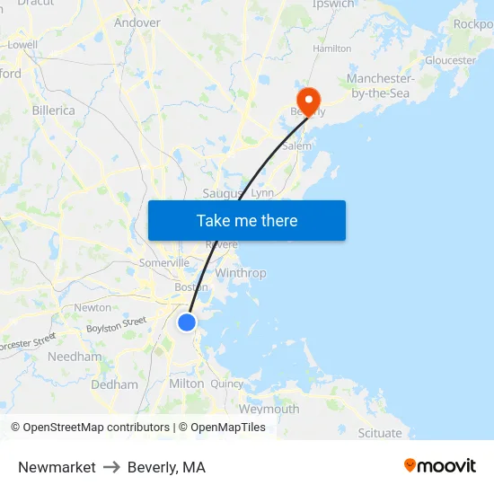 Newmarket to Beverly, MA map