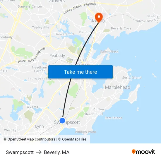 Swampscott to Beverly, MA map