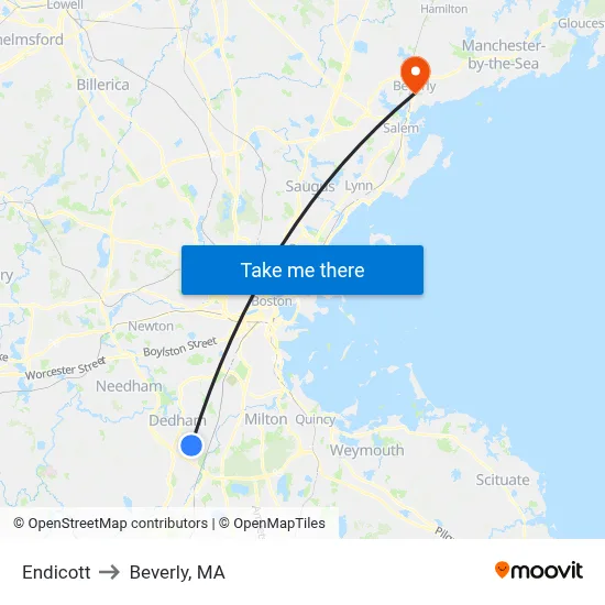 Endicott to Beverly, MA map