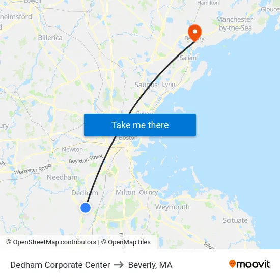 Dedham Corporate Center to Beverly, MA map