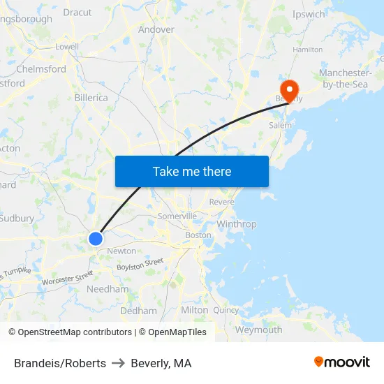 Brandeis/Roberts to Beverly, MA map