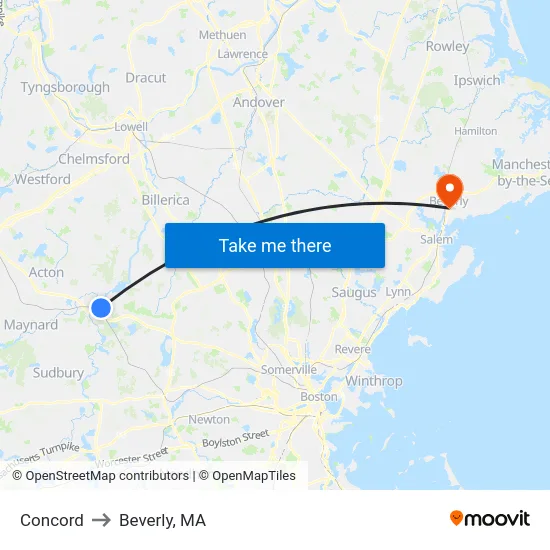 Concord to Beverly, MA map