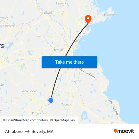 Attleboro to Beverly, MA map