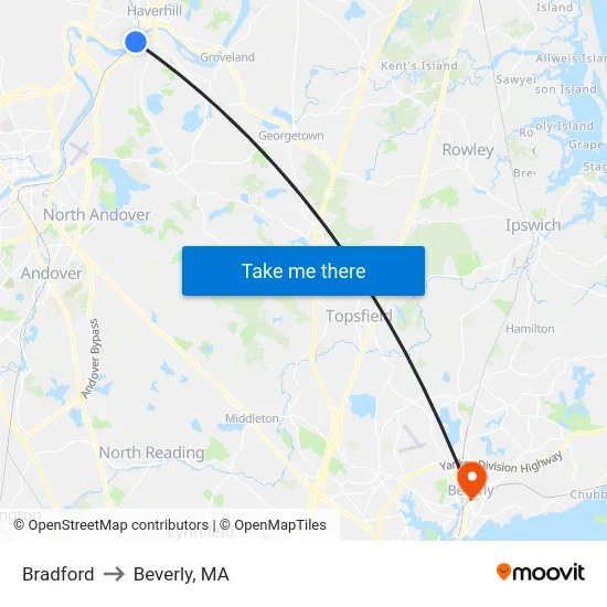Bradford to Beverly, MA map