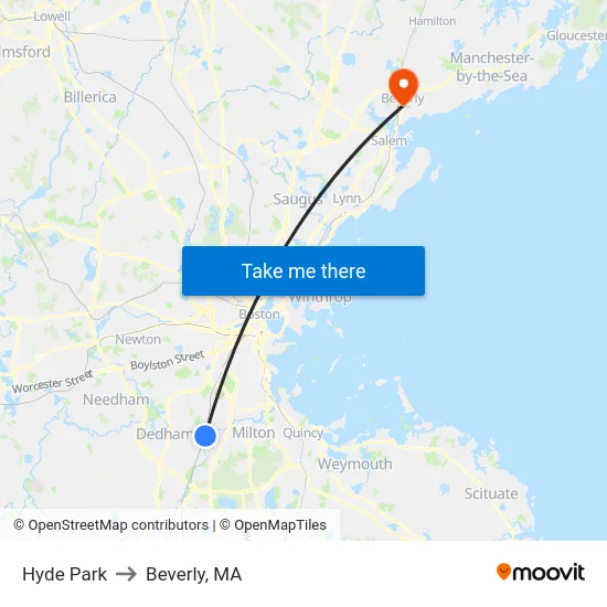 Hyde Park to Beverly, MA map