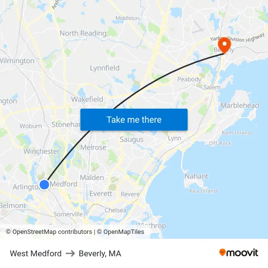 West Medford to Beverly, MA map
