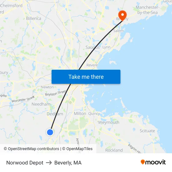Norwood Depot to Beverly, MA map
