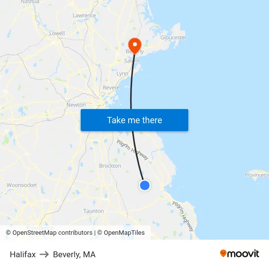 Halifax to Beverly, MA map