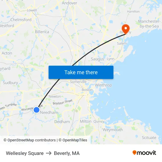 Wellesley Square to Beverly, MA map