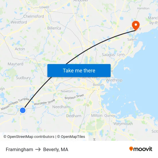 Framingham to Beverly, MA map