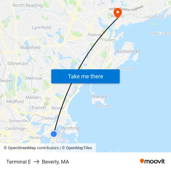 Terminal E to Beverly, MA map