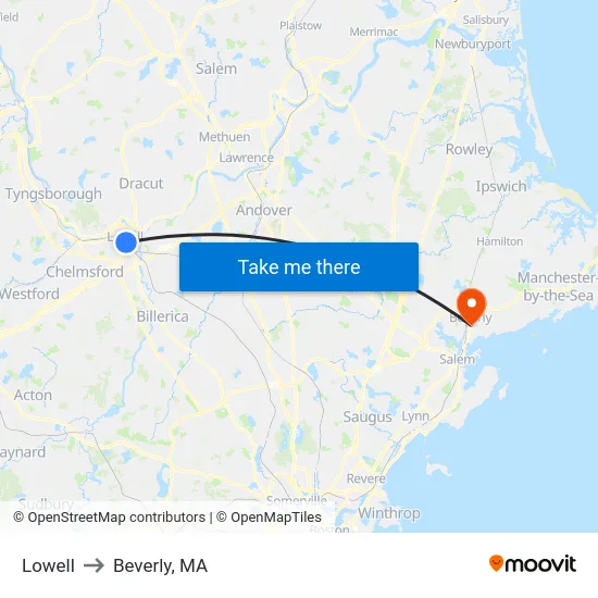 Lowell to Beverly, MA map