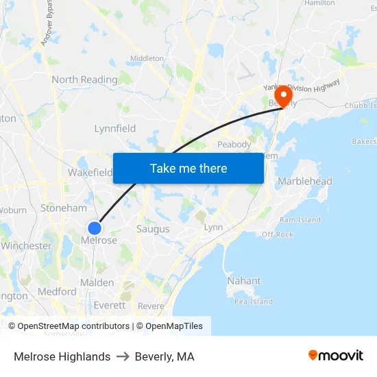 Melrose Highlands to Beverly, MA map