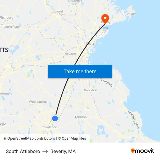 South Attleboro to Beverly, MA map
