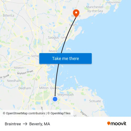 Braintree to Beverly, MA map