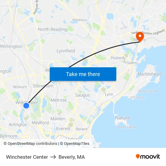 Winchester Center to Beverly, MA map