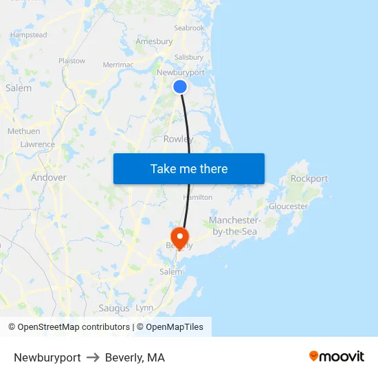 Newburyport to Beverly, MA map