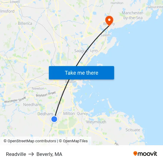 Readville to Beverly, MA map