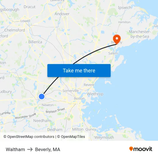 Waltham to Beverly, MA map