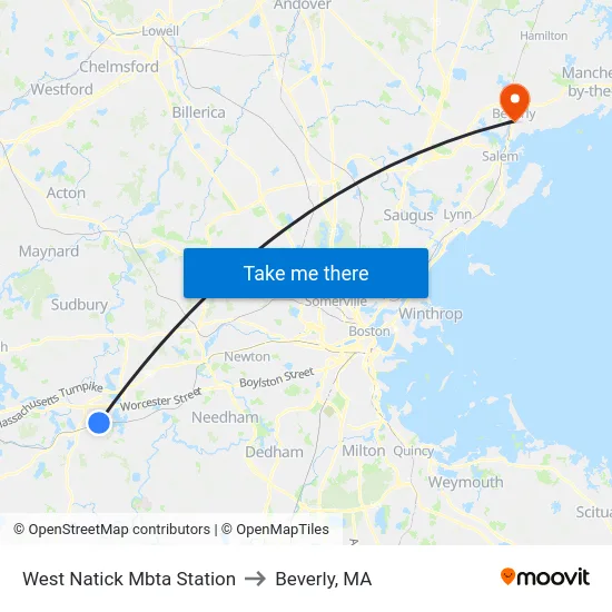 West Natick Mbta Station to Beverly, MA map