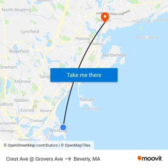 Crest Ave @ Grovers Ave to Beverly, MA map
