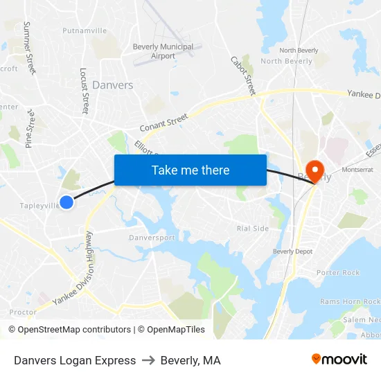 Danvers Logan Express to Beverly, MA map