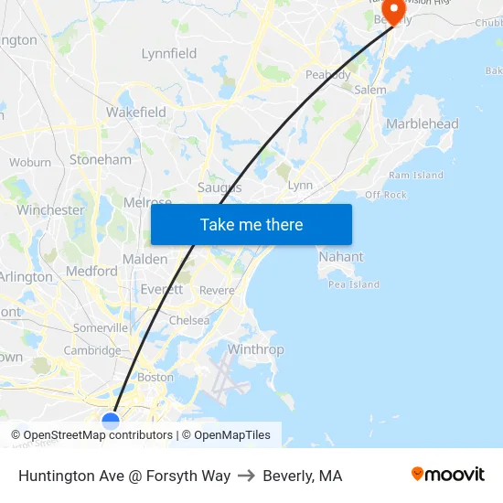 Huntington Ave @ Forsyth Way to Beverly, MA map