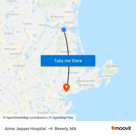 Anna Jaques Hospital to Beverly, MA map