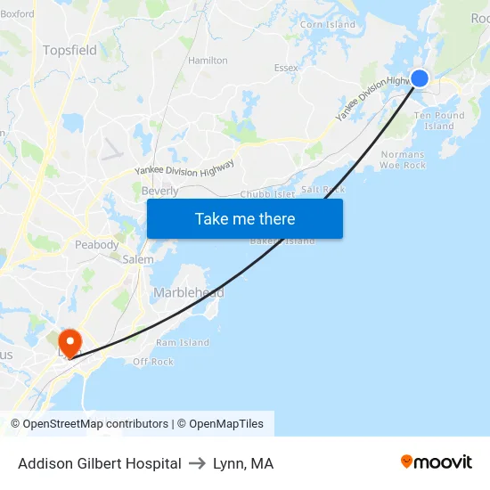 Addison Gilbert Hospital to Lynn, MA map