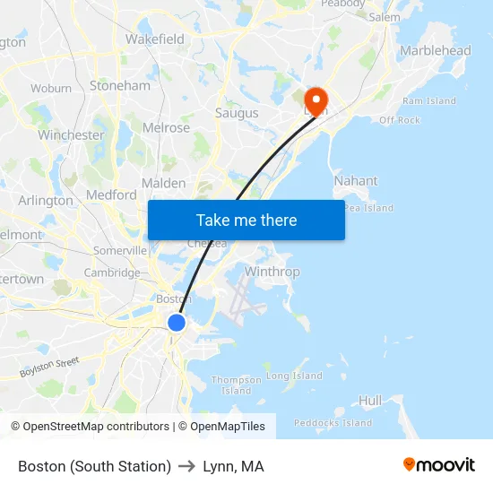 Boston (South Station) to Lynn, MA map