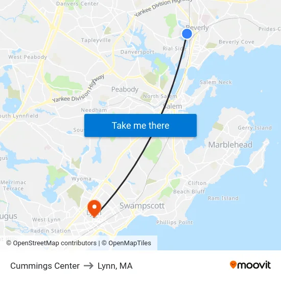 Cummings Center to Lynn, MA map