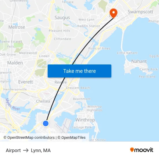 Airport to Lynn, MA map